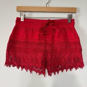 No Boundaries Boho Red Lined Crochet Summer Shorts Size XS